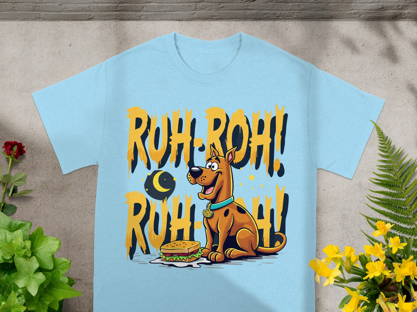 Scooby-Doo cartoon dog sitting next to a sandwich with "Ruh-Roh!" text.