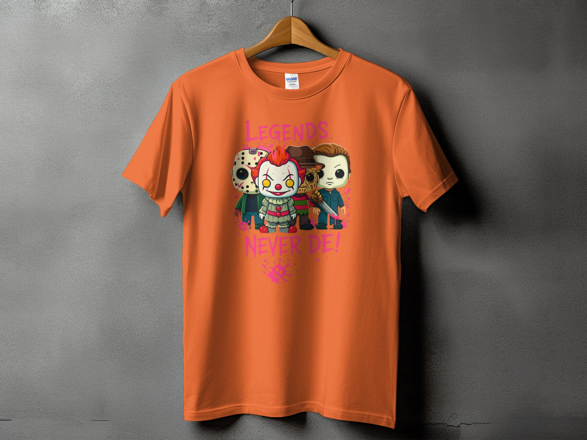 Orange t-shirt with "Legends Never Die!" text and cartoon horror characters.