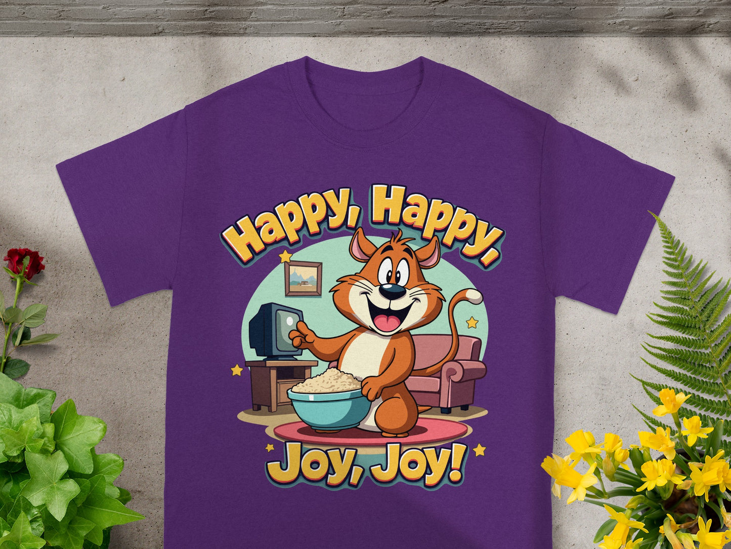 Cartoon cat with popcorn watching TV, text "Happy, Happy, Joy, Joy!".