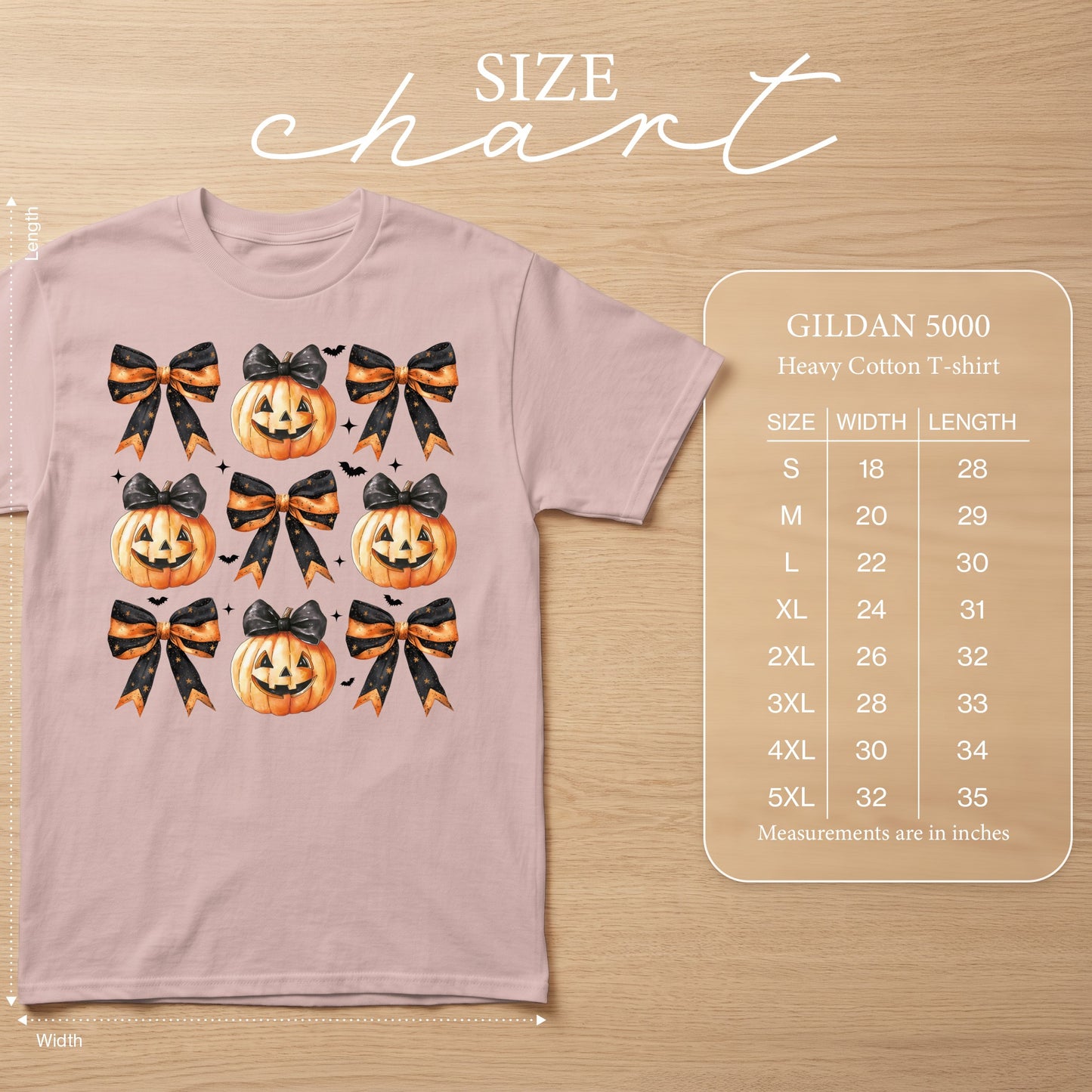 Pink t-shirt with repeating Halloween pumpkins and bows pattern. Size chart included.