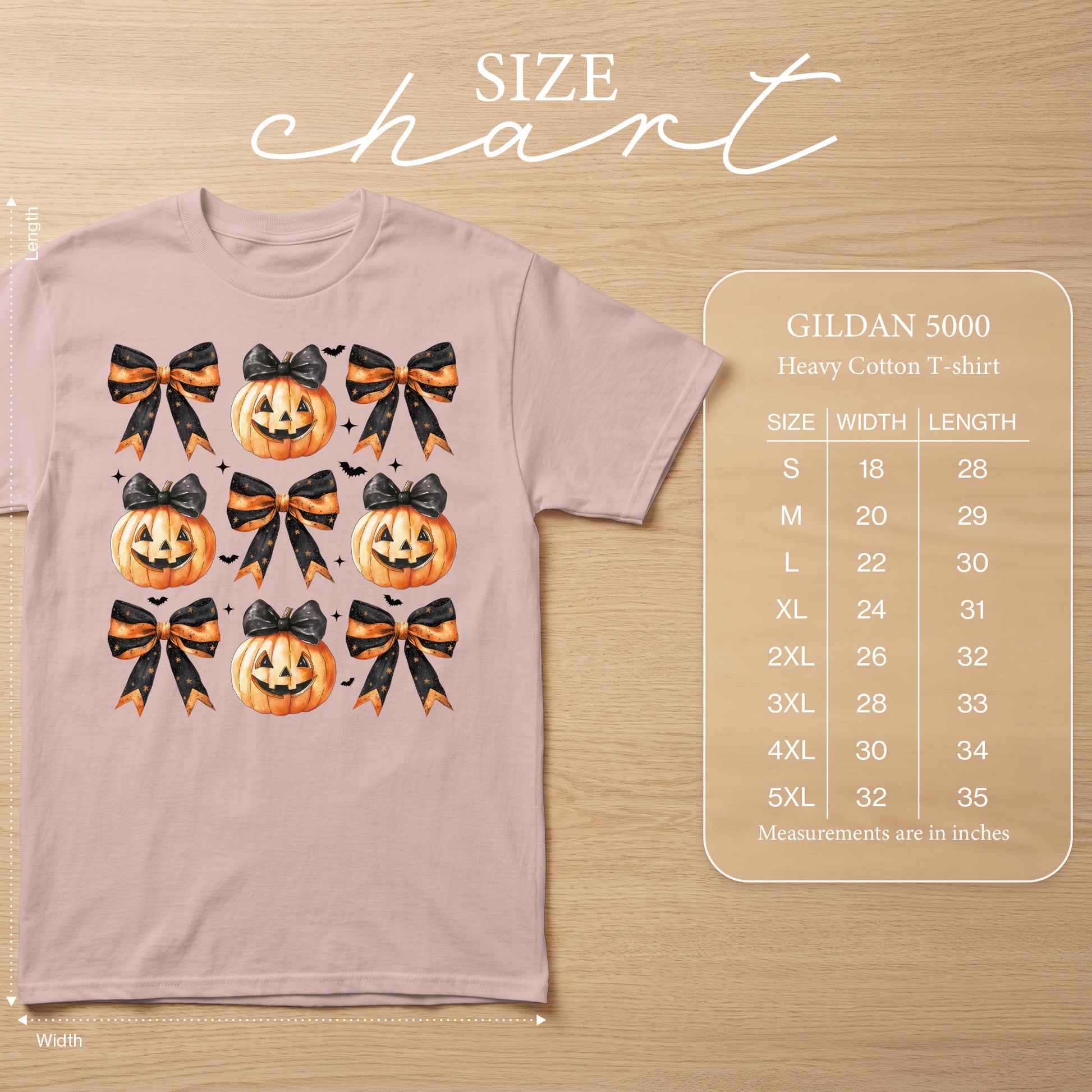 Pink t-shirt with repeating Halloween pumpkins and bows pattern. Size chart included.