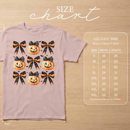 Pink t-shirt with repeating Halloween pumpkins and bows pattern. Size chart included.