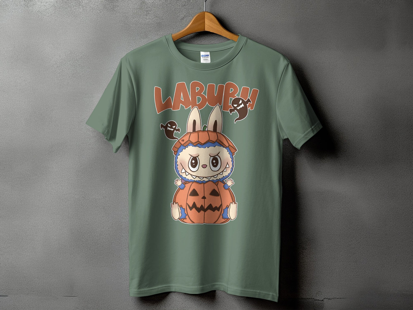Green t-shirt with "LABURR!" text and a cartoon character in a pumpkin costume.