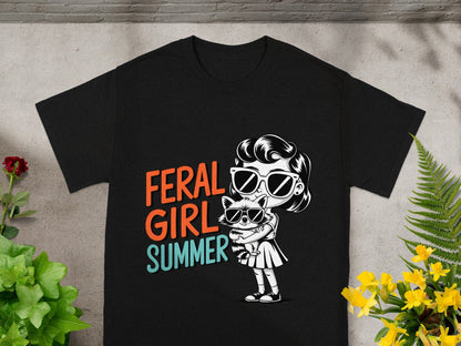 Feral Girl Summer with Cat Graphic T-Shirt
