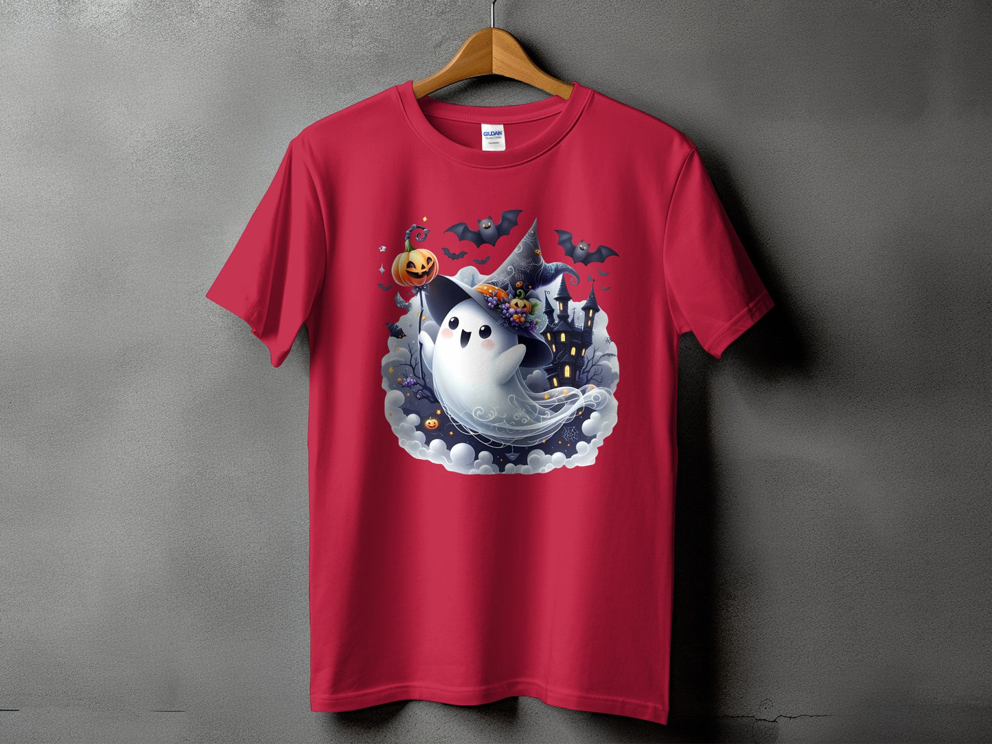 Red t-shirt with a Halloween ghost wearing a witch hat and holding a pumpkin.