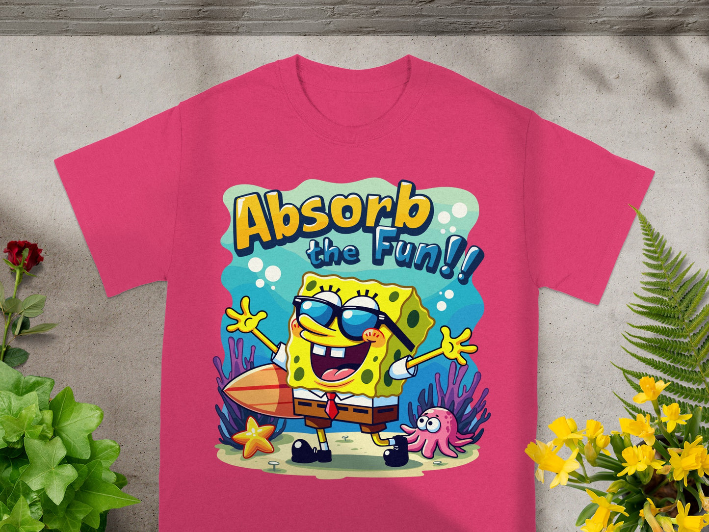 SpongeBob SquarePants with surfboard on t-shirt, text "Absorb the Fun!!"
