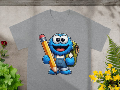 Cartoon monster holding a large yellow pencil, wearing overalls.