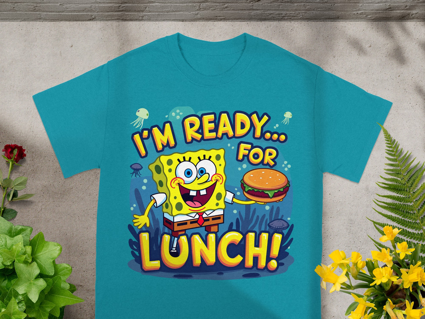 SpongeBob SquarePants holding a burger on a teal t-shirt that reads "I'm Ready For Lunch!"