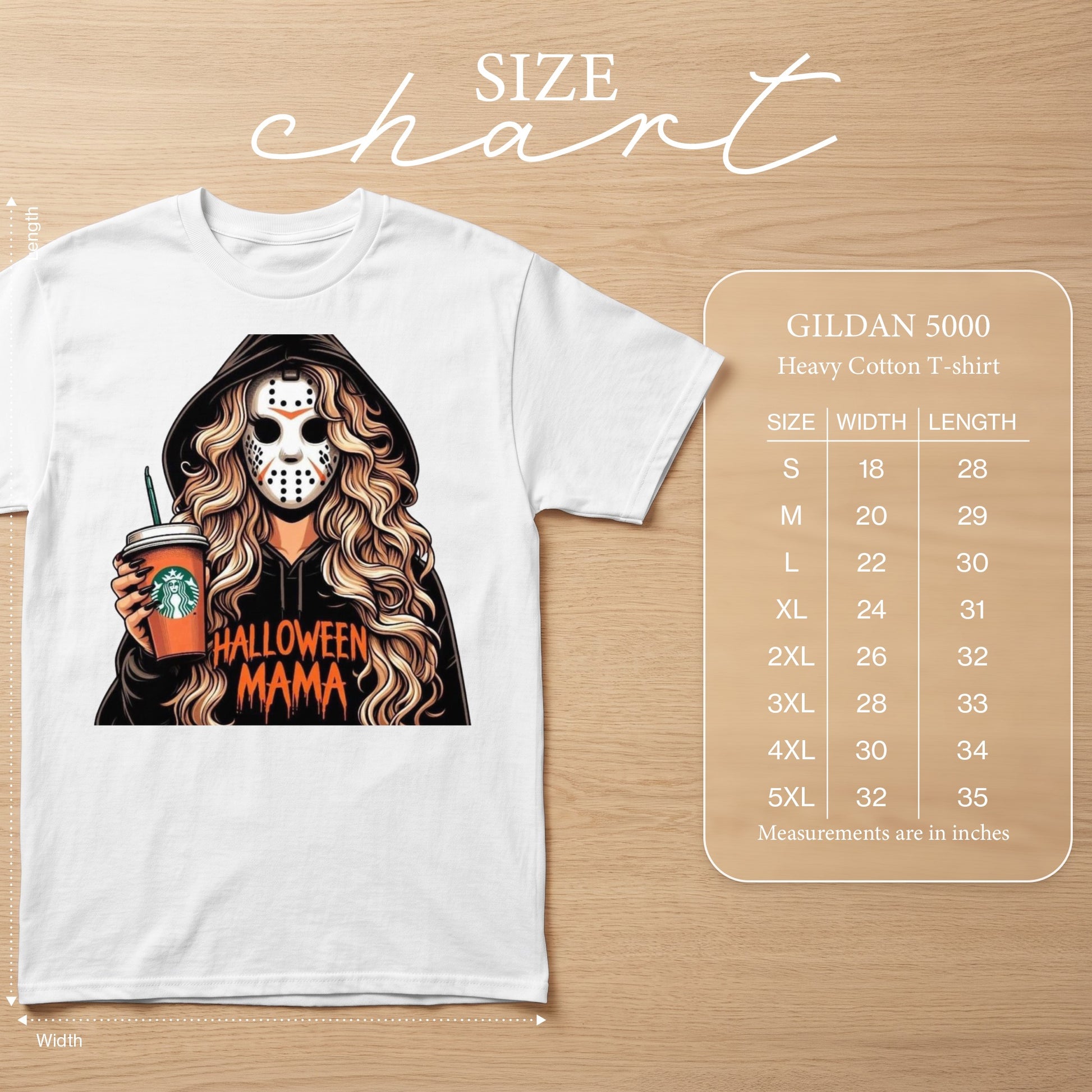 White t-shirt with Halloween Mama graphic and Gildan 5000 size chart.