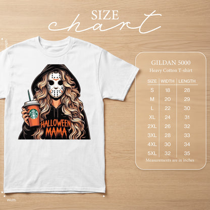 White t-shirt with Halloween Mama graphic and Gildan 5000 size chart.