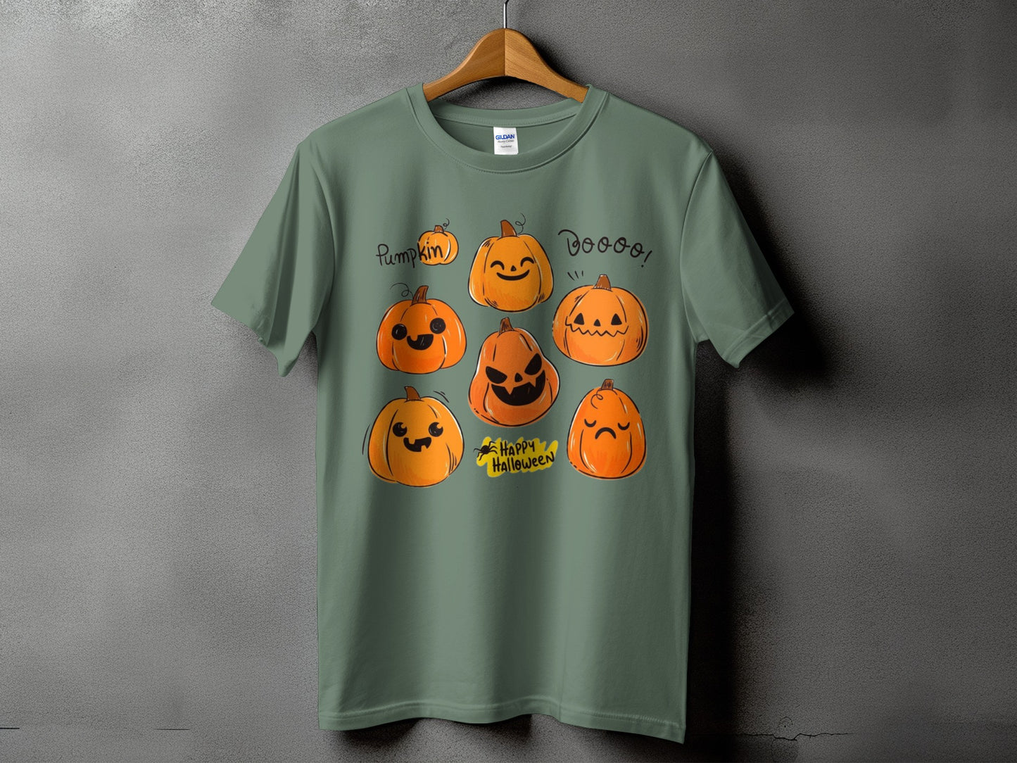 Green t-shirt with various cartoon pumpkins and "Happy Halloween" text.