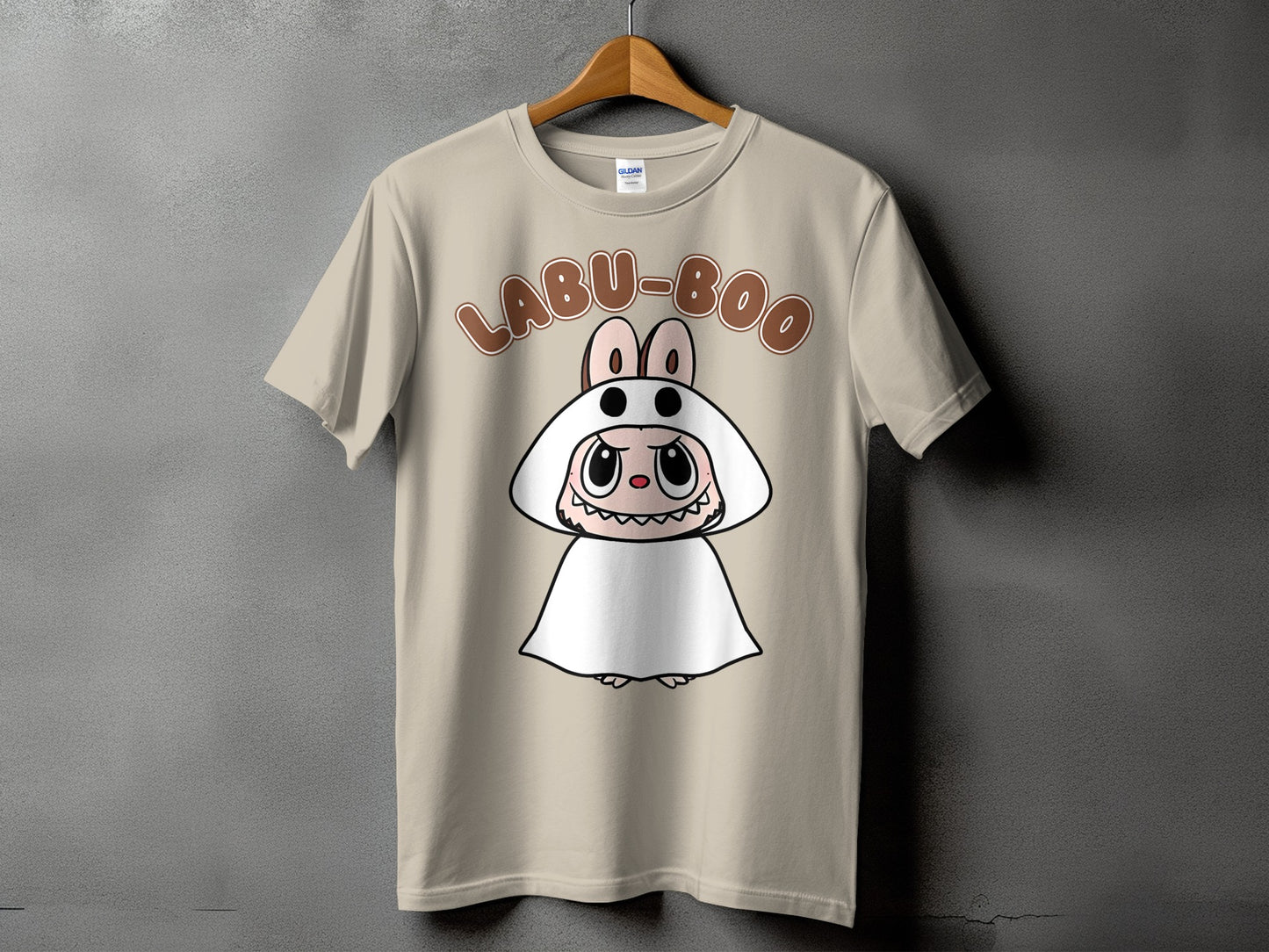 Tan t-shirt with "LABU-BOO" text and cartoon ghost bunny character.