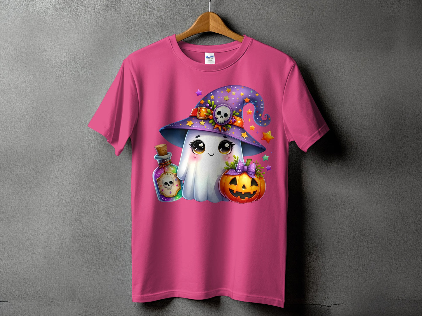 Pink t-shirt with a cute ghost wearing a starry witch hat and holding potion and pumpkin.