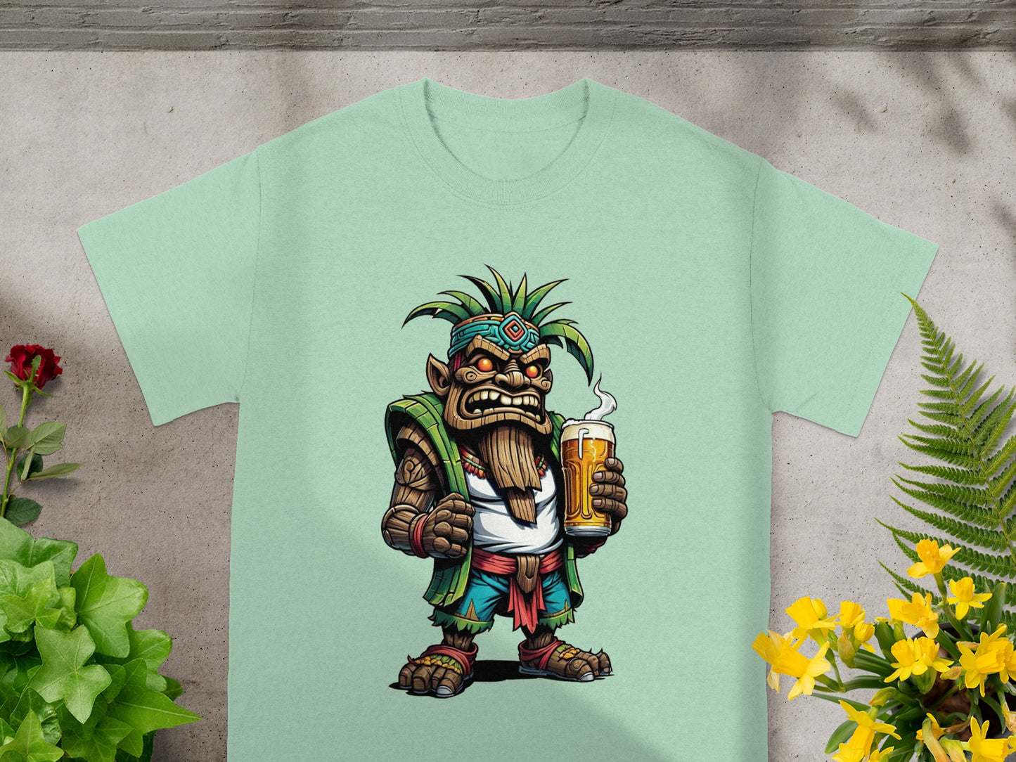 Cartoon Tropical Tiki Character Drinking Beer T-shirt