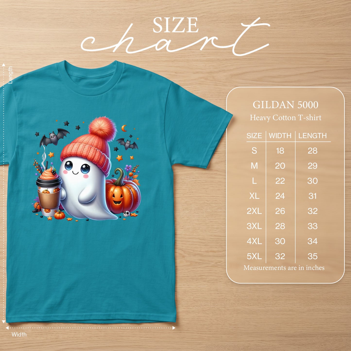 Teal Gildan 5000 t-shirt with a kawaii ghost, pumpkin, and coffee cup Halloween graphic.