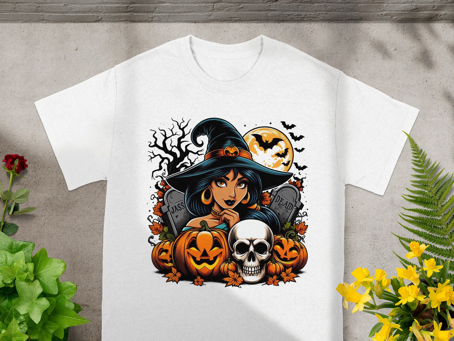 Halloween graphic with witch, pumpkins, skull, gravestones, and bats.