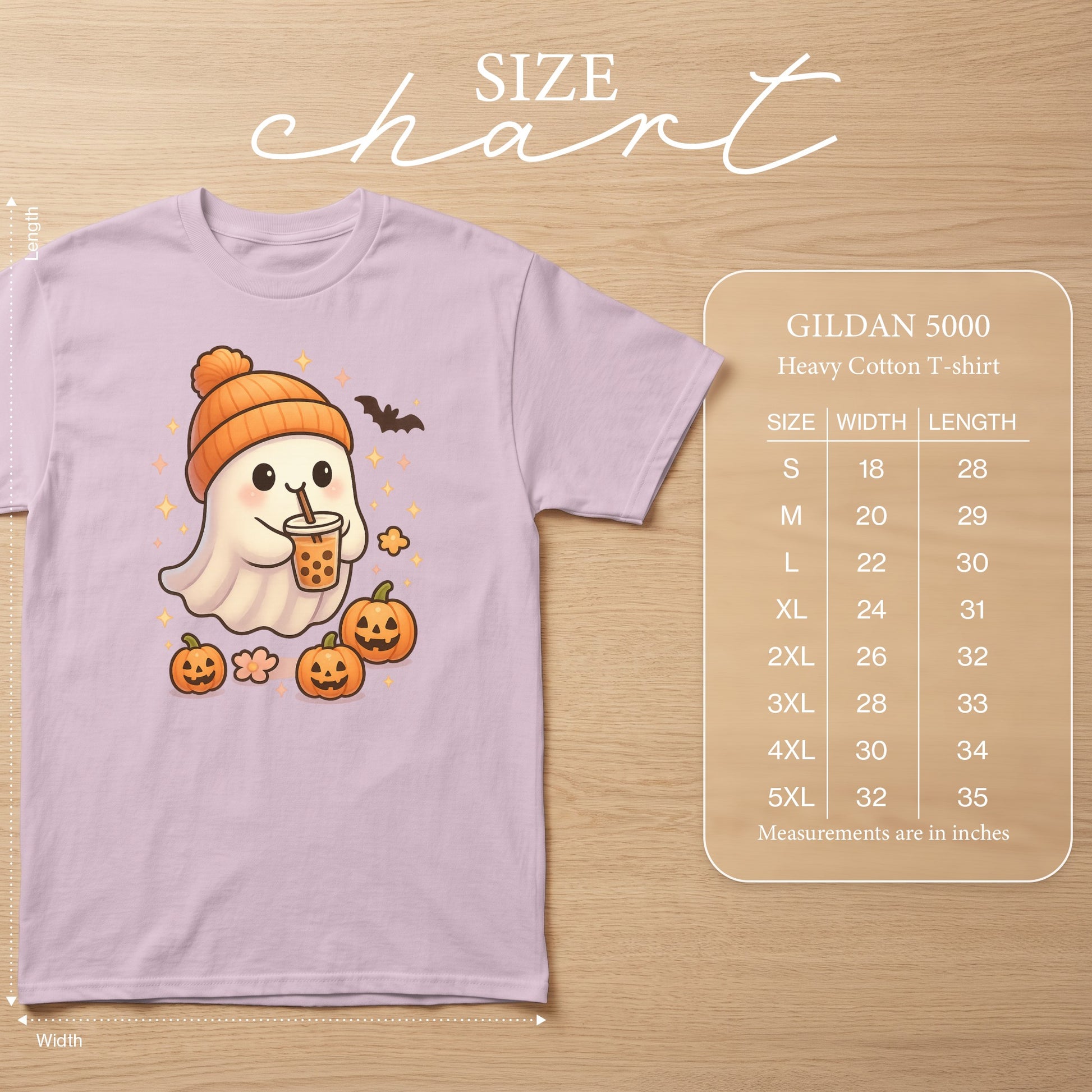 Light purple t-shirt with kawaii ghost, boba, pumpkins, and bat graphic. Size chart included.