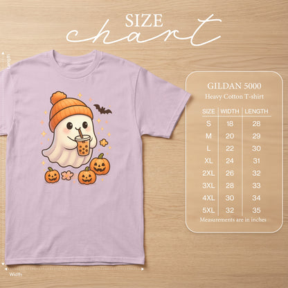 Light purple t-shirt with kawaii ghost, boba, pumpkins, and bat graphic. Size chart included.
