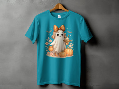 Teal t-shirt with a cute ghost holding a pumpkin and drink, surrounded by pumpkins.