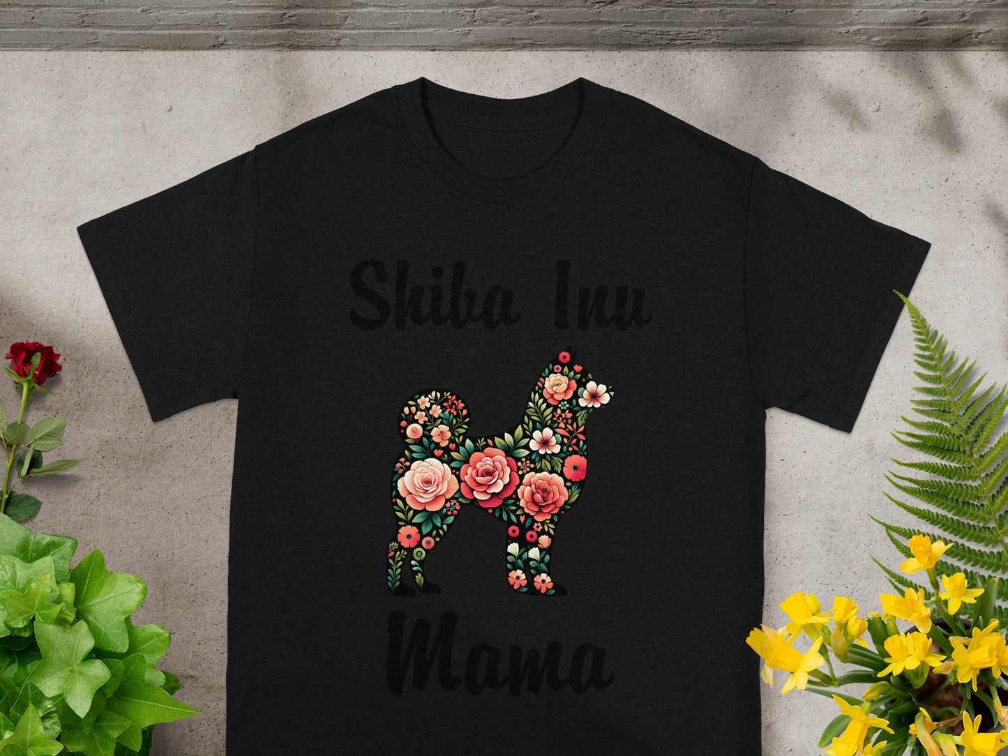 Black t-shirt with floral Shiba Inu graphic and "Shiba Inu Mama" text.