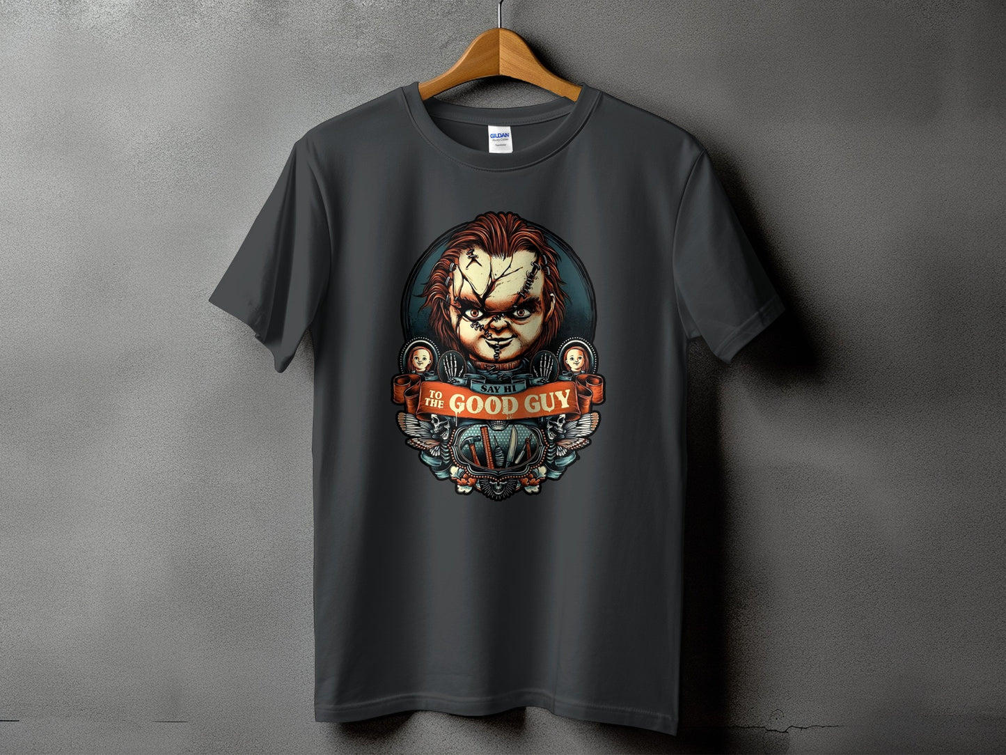 Chucky graphic t-shirt with "Say Hi To The Good Guy" text and horror imagery.