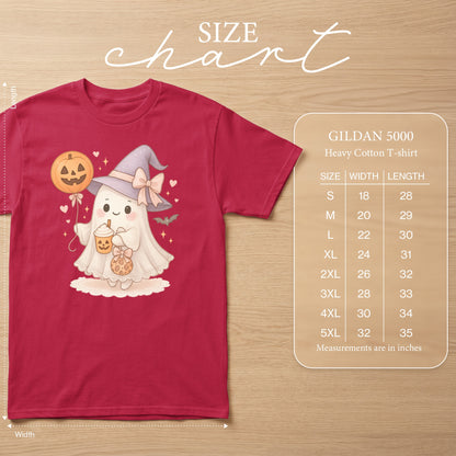 Red Gildan 5000 t-shirt with cute witch ghost Halloween graphic and size chart.