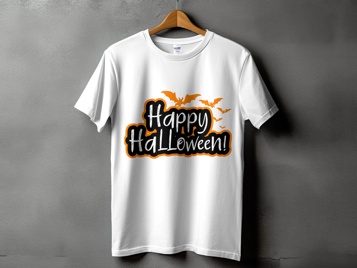 White t-shirt with "Happy Halloween!" text and orange bats.