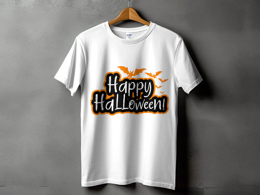 White t-shirt with "Happy Halloween!" text and orange bats.