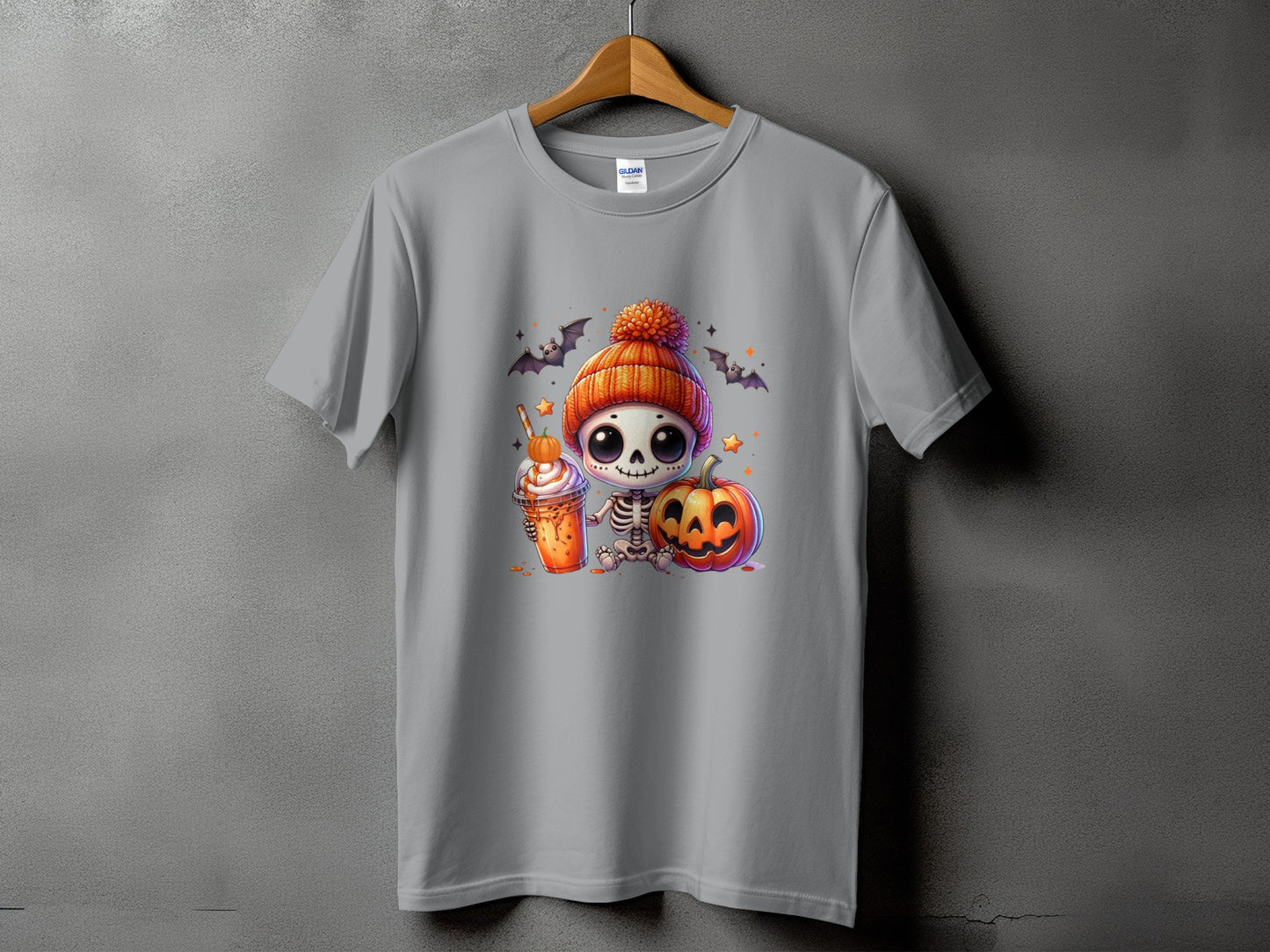 Gray t-shirt with a Halloween skeleton, pumpkin, and drink graphic.