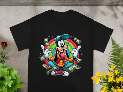 Goofy cartoon character sitting cross-legged surrounded by money.