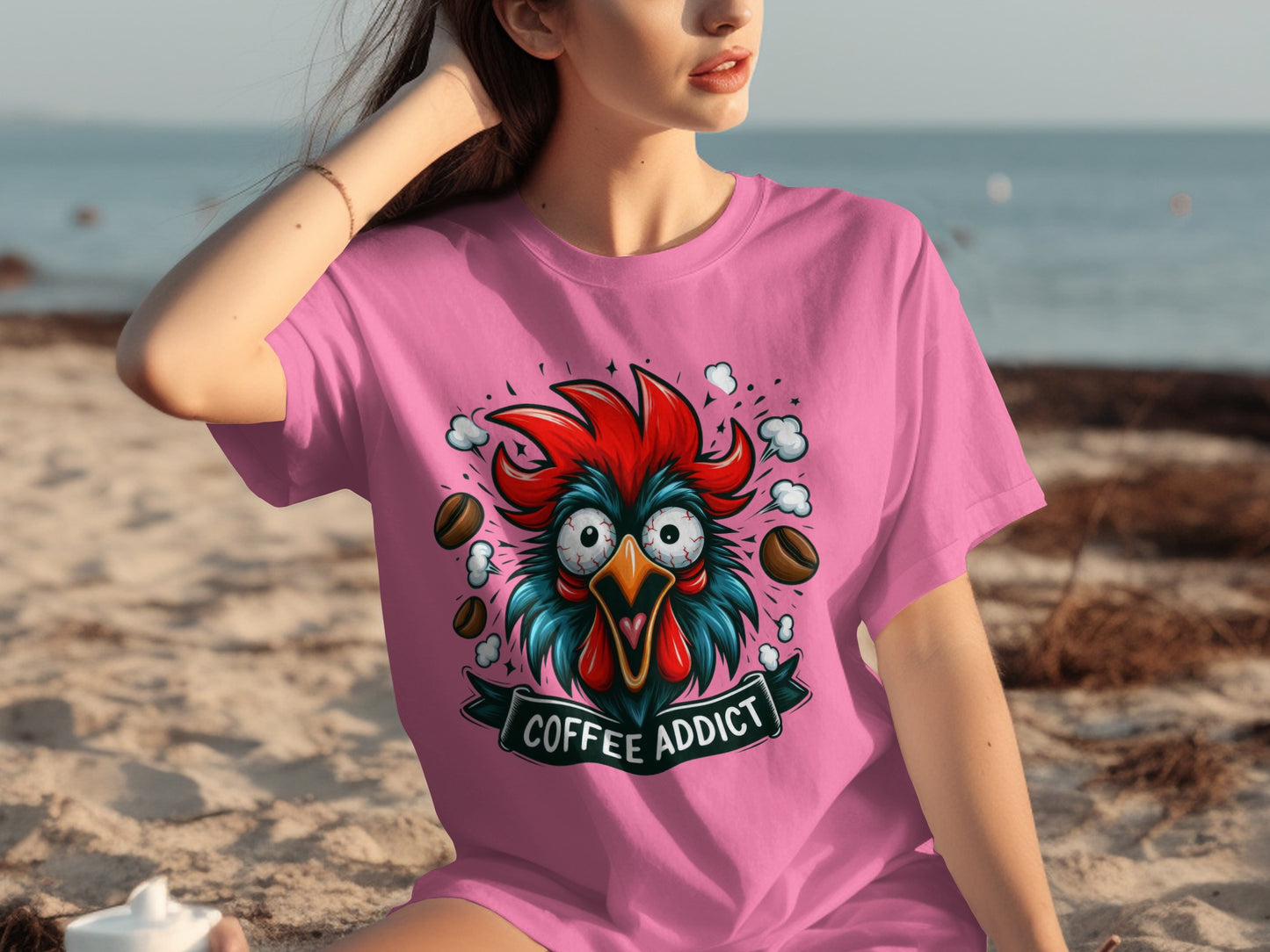 Coffee Addict Rooster Graphic Pink T-Shirt