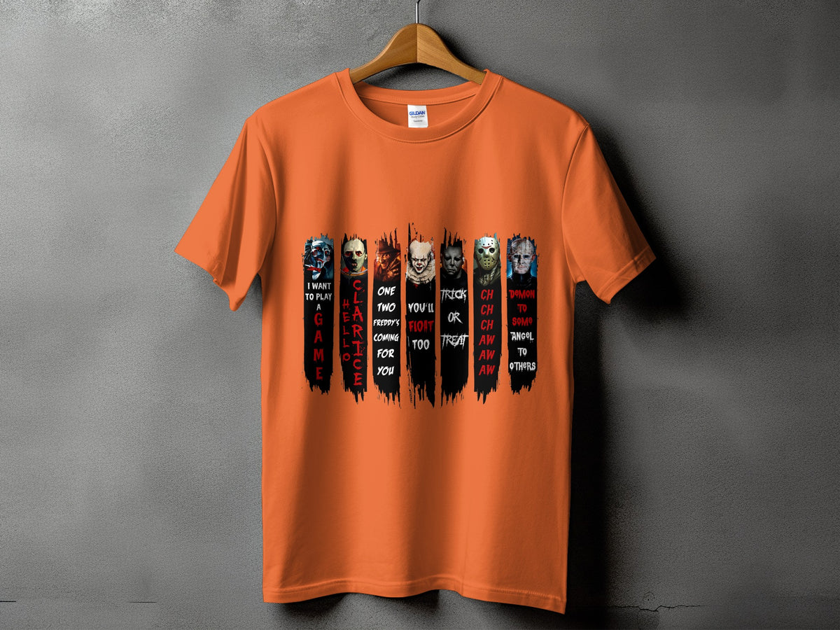 Orange t-shirt with horror movie characters and text graphics.