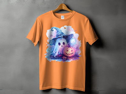 Orange t-shirt with a watercolor-style Halloween ghost and pumpkin graphic.