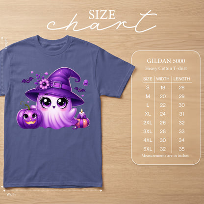 Purple t-shirt with cute ghost graphic and size chart for Gildan 5000 heavy cotton shirt.