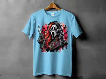 Light blue t-shirt with a scary mask design and bloody roses.
