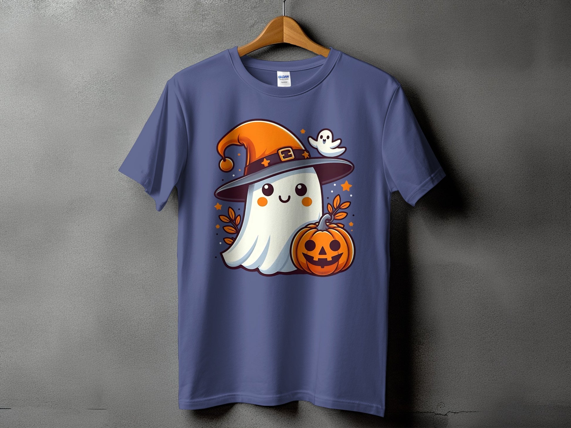 Halloween ghost in witch hat with pumpkin and small ghost on purple t-shirt.
