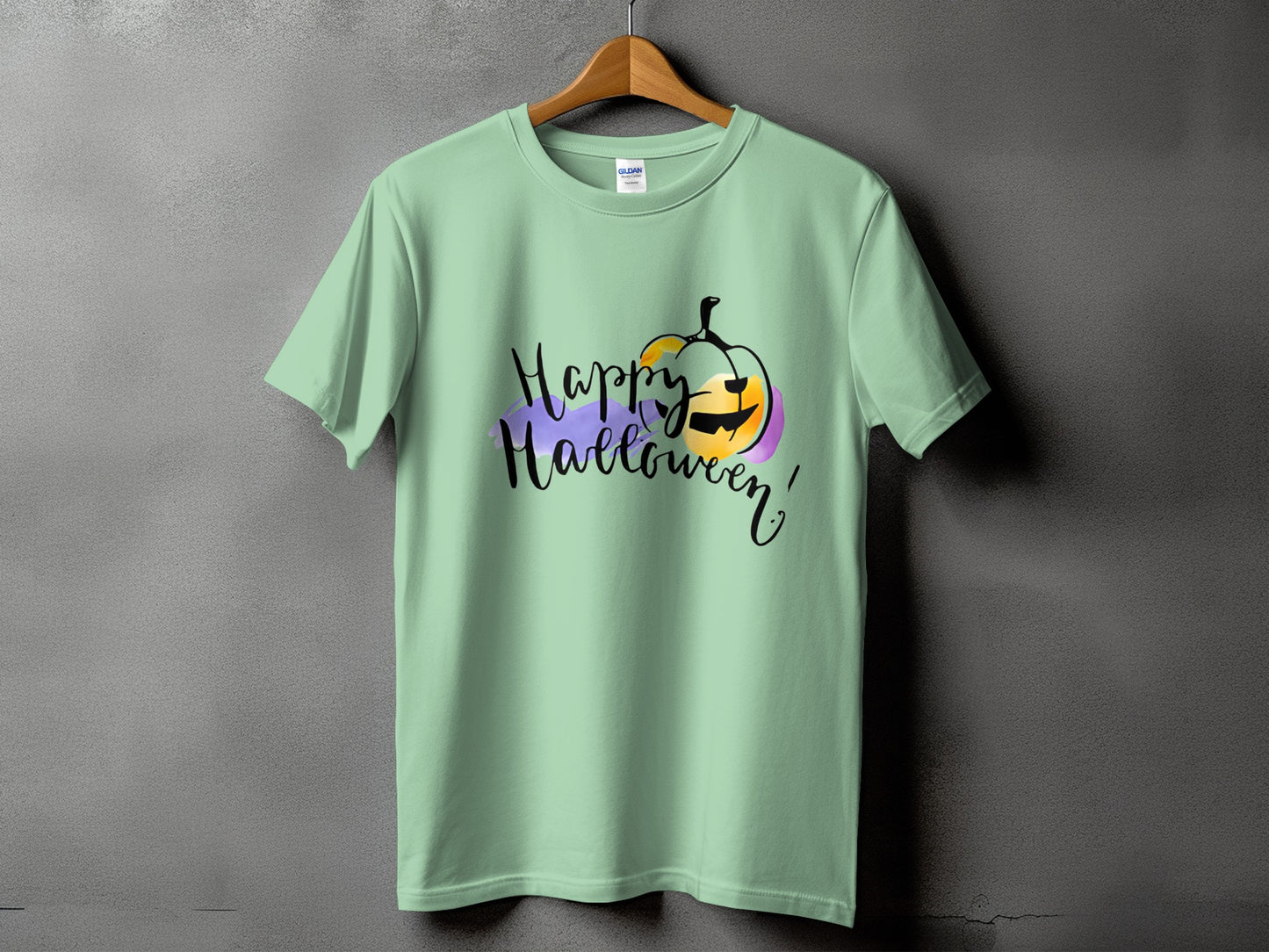 Light green t-shirt with "Happy Halloween!" and a jack-o'-lantern graphic.
