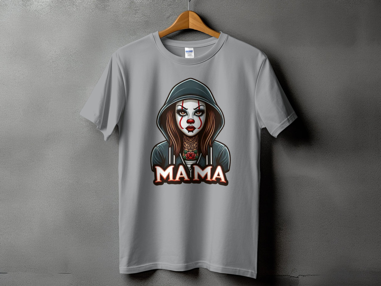 Gray t-shirt with clown makeup design and "MAMA" text.