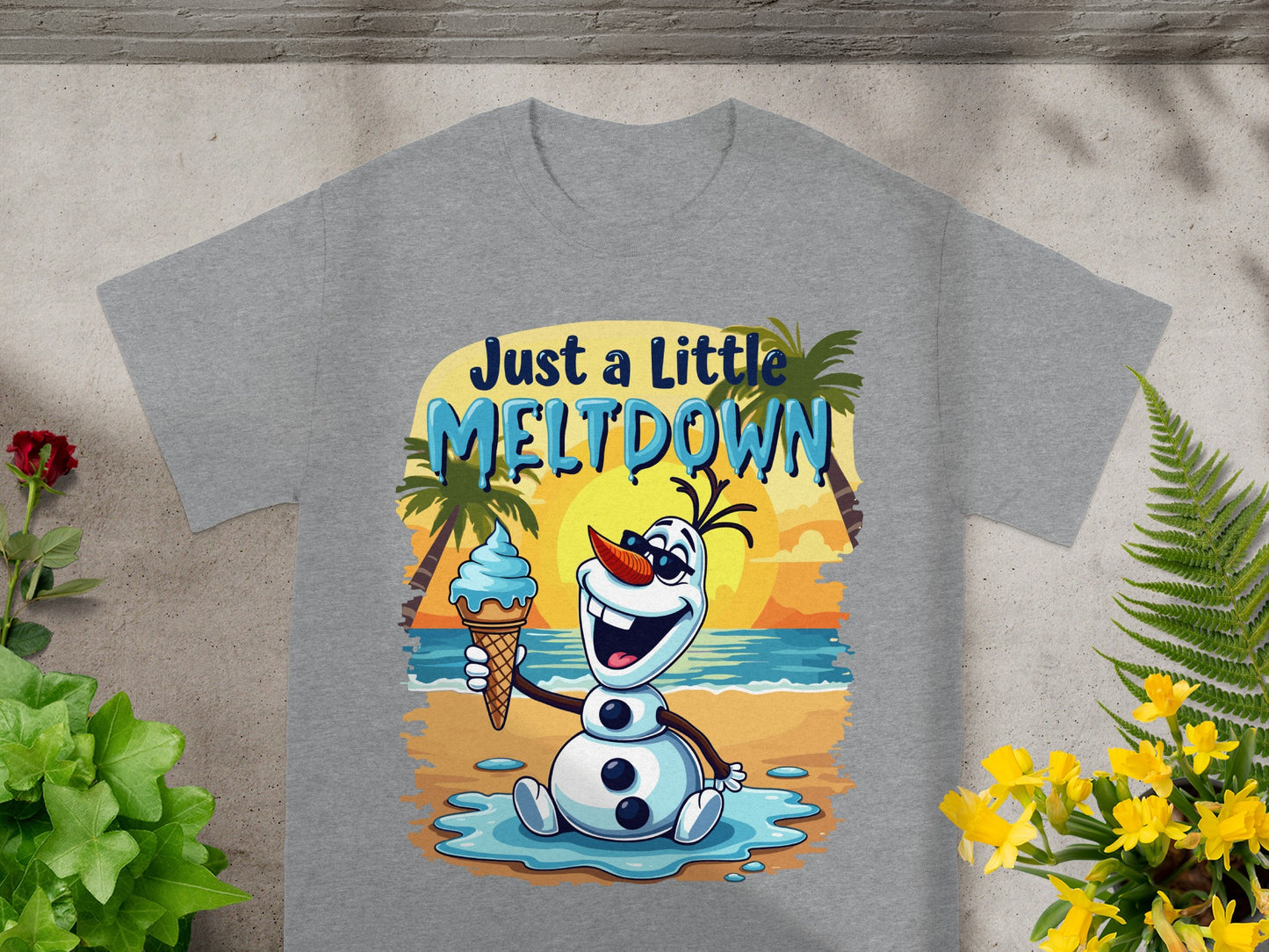 Olaf from Frozen on a beach holding an ice cream cone, text reads "Just a Little Meltdown".
