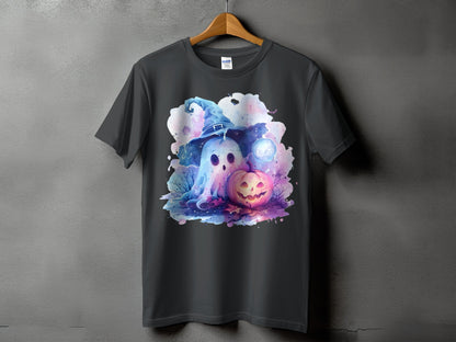 Dark gray t-shirt with a watercolor graphic of a ghost in a witch hat and a jack-o'-lantern.