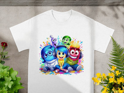 Joy, Sadness, Fear, Disgust, and Anger characters from Inside Out on a white t-shirt.