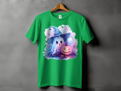 Green t-shirt with watercolor ghost and pumpkin Halloween graphic.
