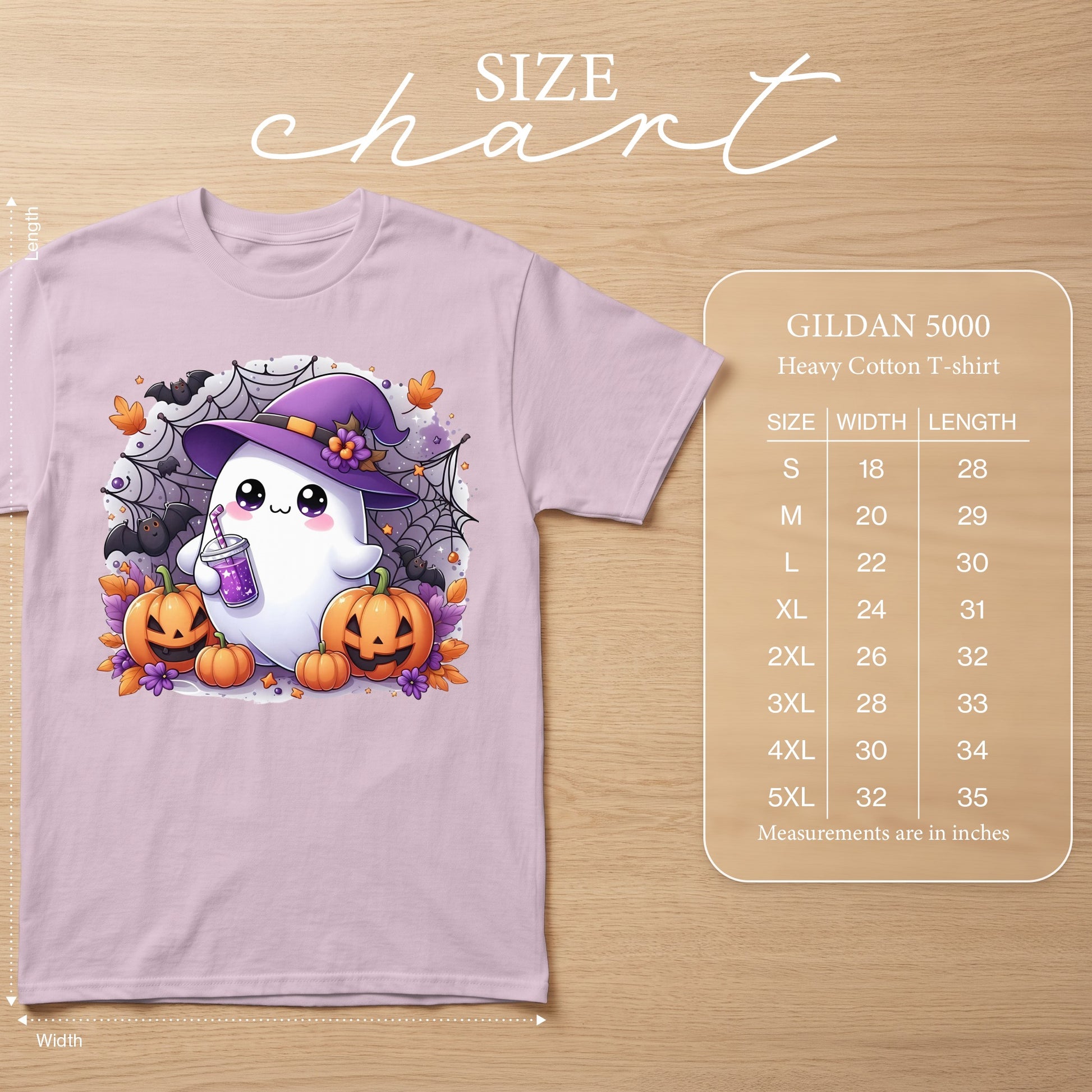 Purple t-shirt with cute ghost, pumpkins, bats, and spiderwebs. Includes size chart.