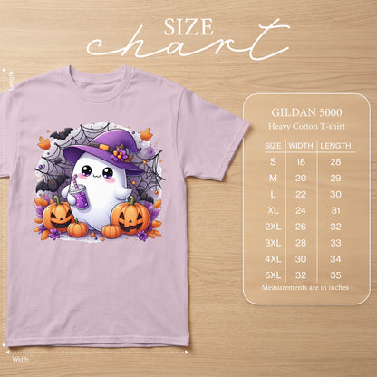 Purple t-shirt with cute ghost, pumpkins, bats, and spiderwebs. Includes size chart.