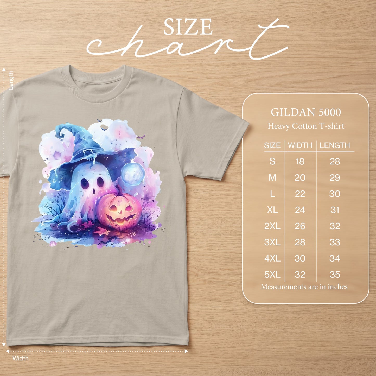 Size chart for Gildan 5000 Heavy Cotton T-shirt with ghost and pumpkin Halloween graphic.