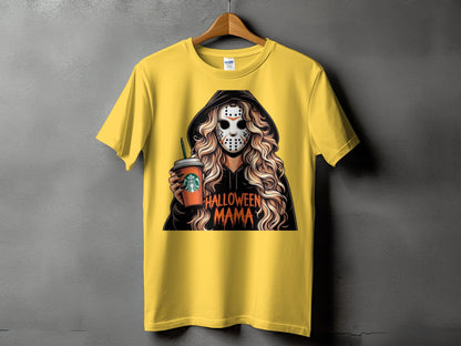 Yellow t-shirt with a graphic of a person wearing a hockey mask holding a coffee cup and "Halloween Mama" text.