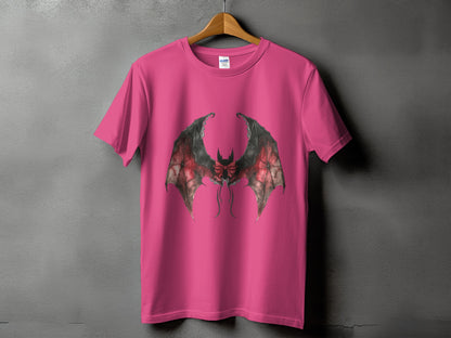 Pink t-shirt with a detailed drawing of bat wings with a red bow.
