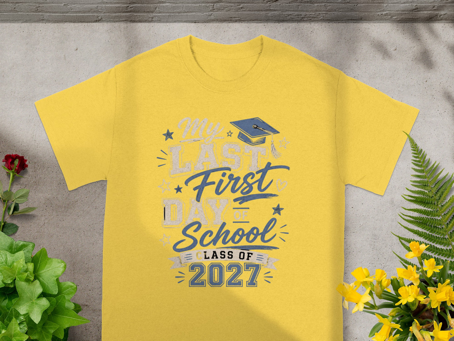 Yellow t-shirt with "My Last First Day of School Class of 2027" graphic.