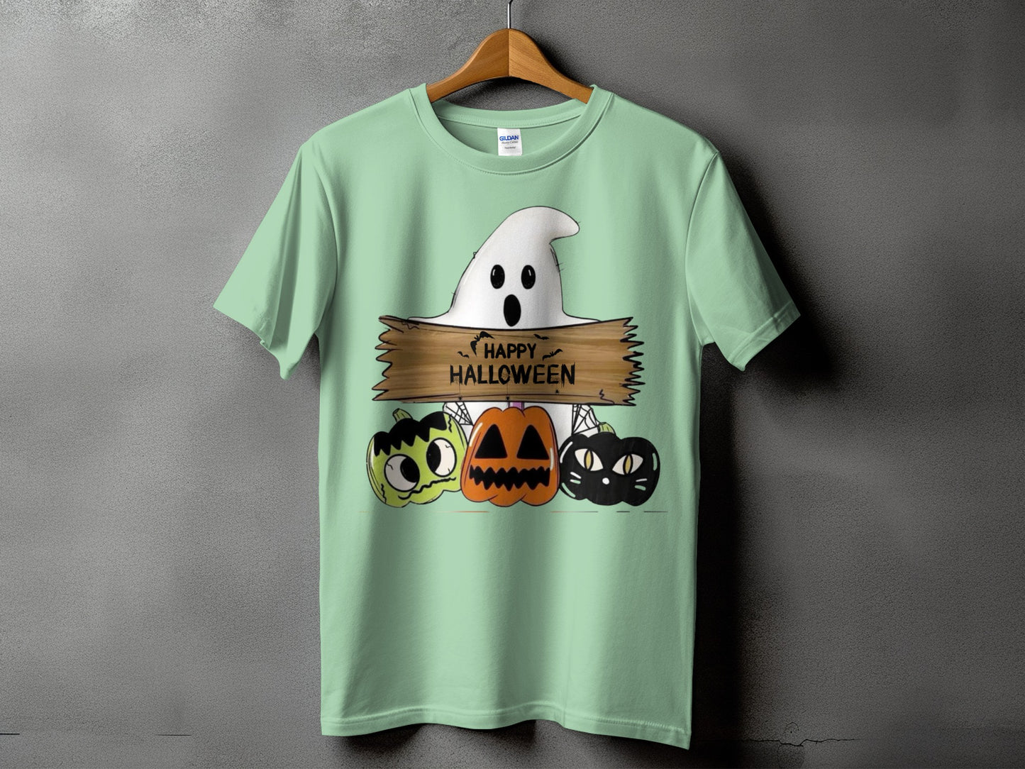 Mint t-shirt with ghost, pumpkins, and "Happy Halloween" text graphic.