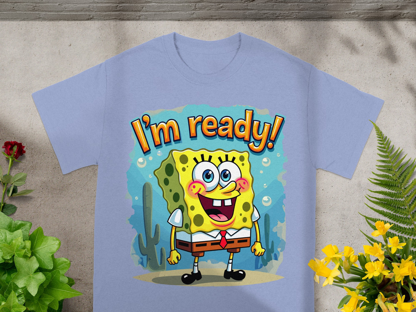 SpongeBob SquarePants with "I'm ready!" text on a light purple t-shirt.